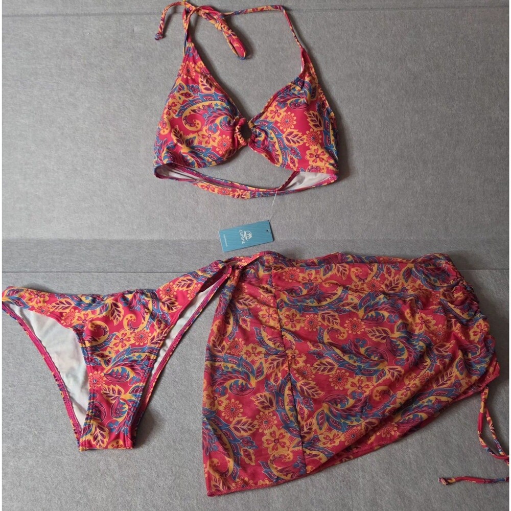 CUPSHE 3 Pc Bikini Set Sz M Paisley Floral Pink Blue Ylw Halter Tie Sarong NWT
